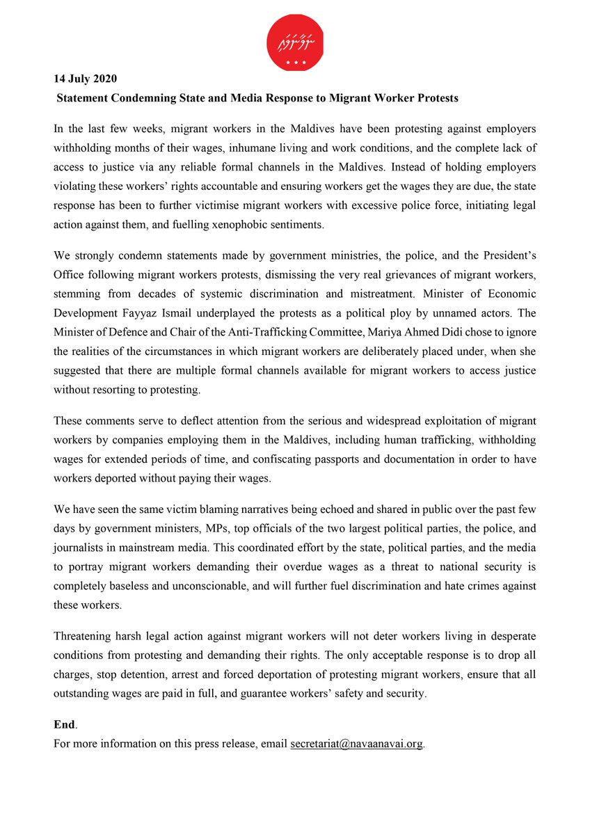 Our statements condemning state and media response to migrant worker protests.Threatening harsh legal action against migrant workers will not deter workers in desperate conditions, going without months of pay, from demanding their basic rights. #DropTheCharges