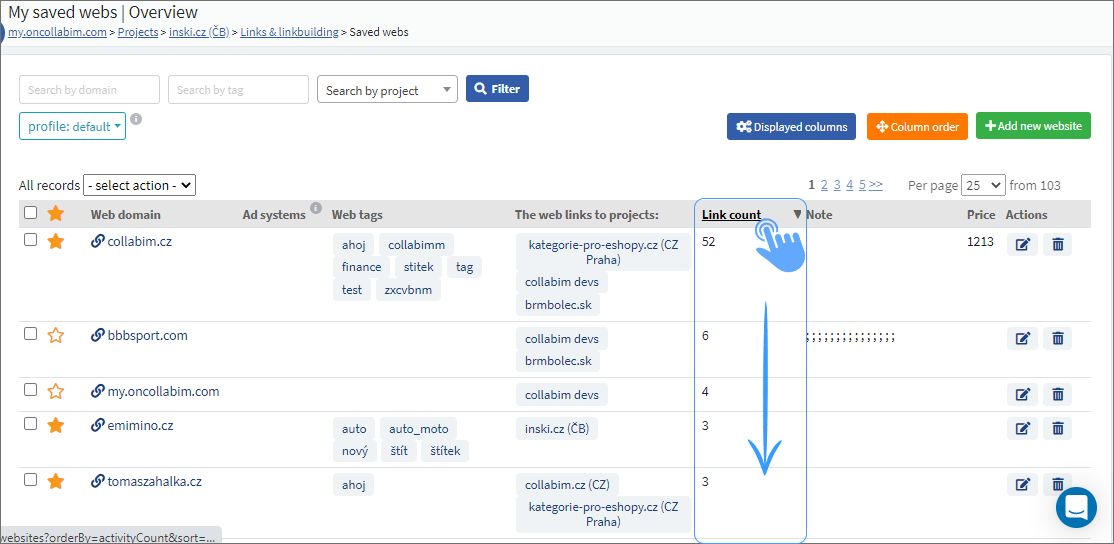 collabim's tweet photo. You can now sort by columns in the “My saved webs” section. Just click on one of the column headlines, e.g. Link count, and all the links will arrange in descending order. https://t.co/dSkKndHjCd