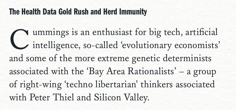 26/. “Cummings is an enthusiast for big tech, AI, ‘evolutionary economists’ & some of the more extreme genetic determinists associated with the ‘Bay Area Rationalists’ – a group of right-wing ‘techno libertarians’ that include Peter Thiel” says  @peterjukes https://bylinetimes.com/2020/05/28/five-things-dominic-cummings-could-have-over-boris-johnson/