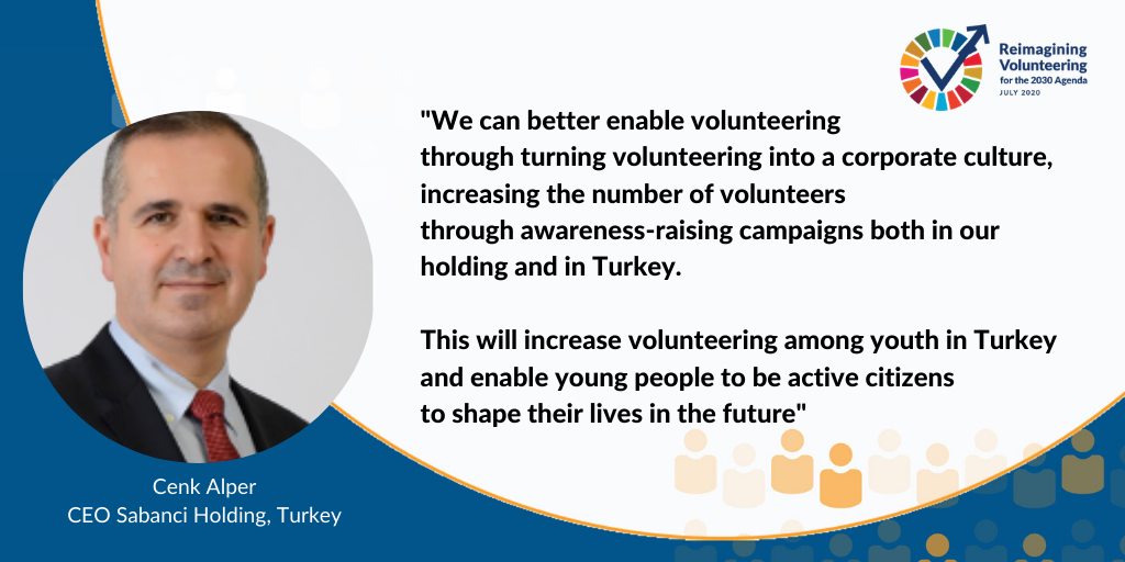 "We believe that reimagining volunteerism for 2030 Agenda will become a significant milestone" ↔ our appreciation to Mr.Cenk Alper @CenkAlper_ - CEO <a href="/SabanciHolding/">Sabancı Holding</a> - for best practice sharing on volunteerism in Turkey 🇹🇷 during Eurasia #GTM2020  session that is happening now.