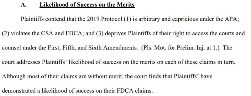 Among the pending issues today is yet another injunction from the DC trial court this morning against DOJ's protocol. This time related to the Food, Drug, & Cosmetic Act.DOJ appealing this as it successfully has prior protocol-related injunctions. http://aboutblaw.com/R0z 