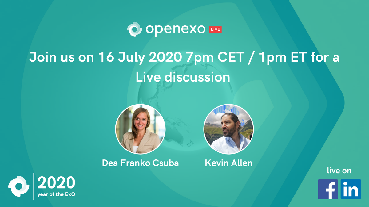 OpenExO's tweet photo. We will be speaking to Dea Franko Csuba Live on 16 July 2020. Catch us on Fabebook or LinkedIn. Dea will share her experience regarding Exponential Innovation
#OpenExOLive #Community https://t.co/eE34FEk9pP