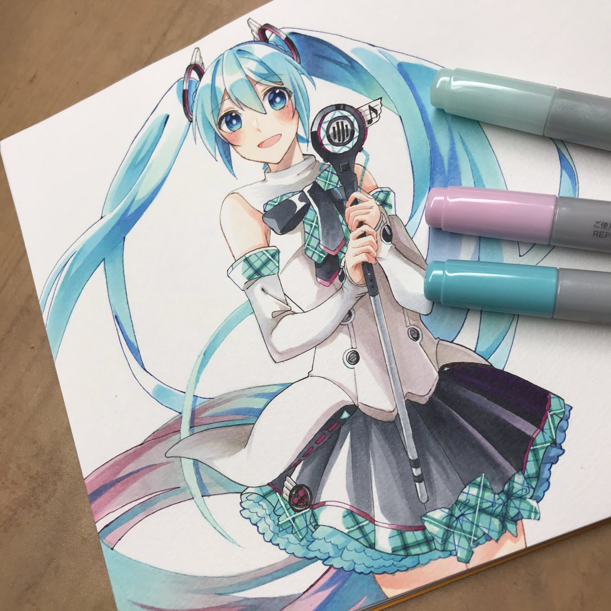 hatsune miku ,magical mirai miku 1girl solo long hair skirt microphone twintails very long hair  illustration images