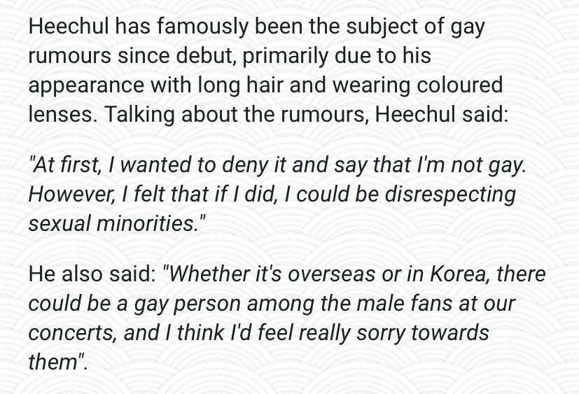 Kim Heechulthe super junior member is well known for how respectful he is towards women and tries hard to make them comfortable. he also goes out of his way to not disrespect any genders or sexualities, calls out the industry’s biases towards men and embraces his own femininity