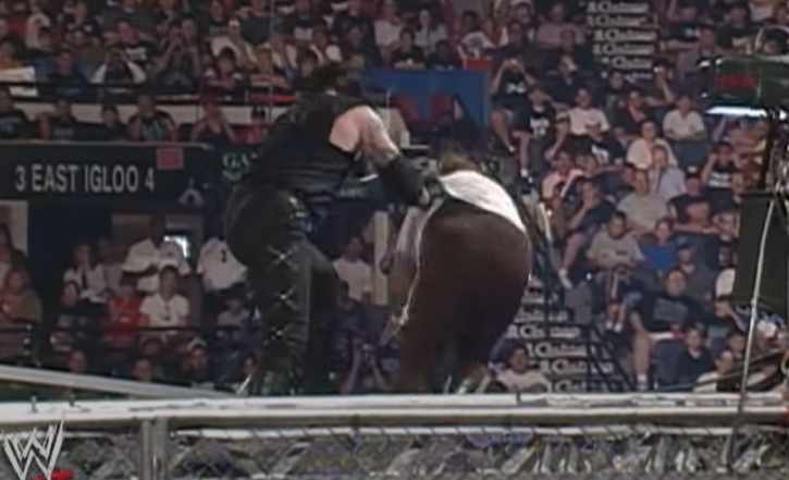 SFCU's tweet photo. In 1988 when Mankind was thrown off Hell in a Cell by Undertaker and he plummeted 16 feet through the announcers table, he was wearing a mask, so quit bitching and mask up on Friday night at the football to protect yourself and your friends. #MaskUpManUp https://t.co/hGMb4IIV6f