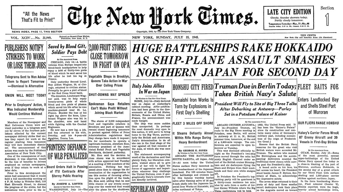 July 15,1945: Huge Battleships Rake Hokkaido as Ship-Plane Assault Smashes Northern Japan for Second Day  https://nyti.ms/38VwDbb 