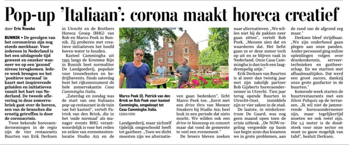 Corona maakt horeca creatief!
Pop-up Italiaan bij Kasteel Cammingha en Silent Pubquiz bij alle Buurten-restaurant als prachtige voorbeelden. 
Deel 2 van de zomerrubriek, dinsdag in #Telegraaf_Utrecht  
<a href="/KHN/">KHN</a>