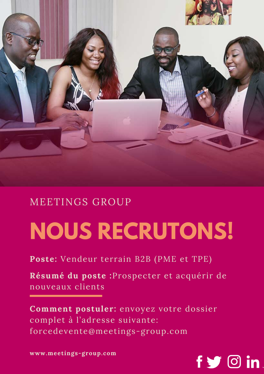 group_meetings's tweet photo. Dans le cadre d’une mission pour un de nos partenaires, la direction du capital humain lance un recrutement pour le poste de Vendeur terrain B2B (PME et TPE)
Lieux: Louga, Matam, Mbour &amp; Thies

Compétences requises
Une expérience dans la vente terrain B2B 1/3 https://t.co/NHbj3rNHyX