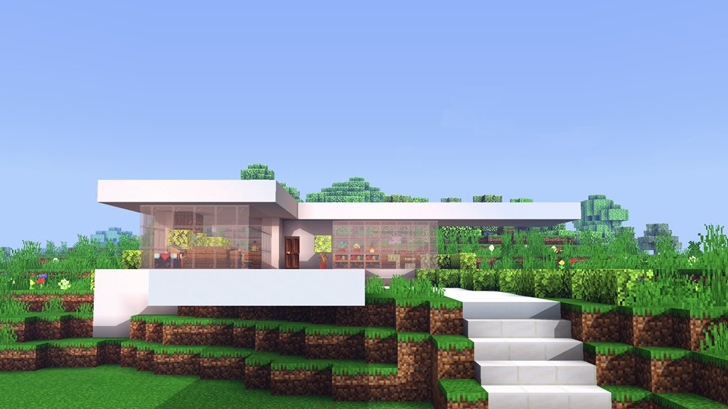 Kogumapro こぐまぷろ 斜面を利用したモダンハウス作ってみました 白のコンクリは使い勝手が良すぎるなぁ もっと色んな色を使っていきたい 願望 日本ではプール付きの別荘みたいなイメージです マイクラ Minecraft建築コミュ マインクラフト