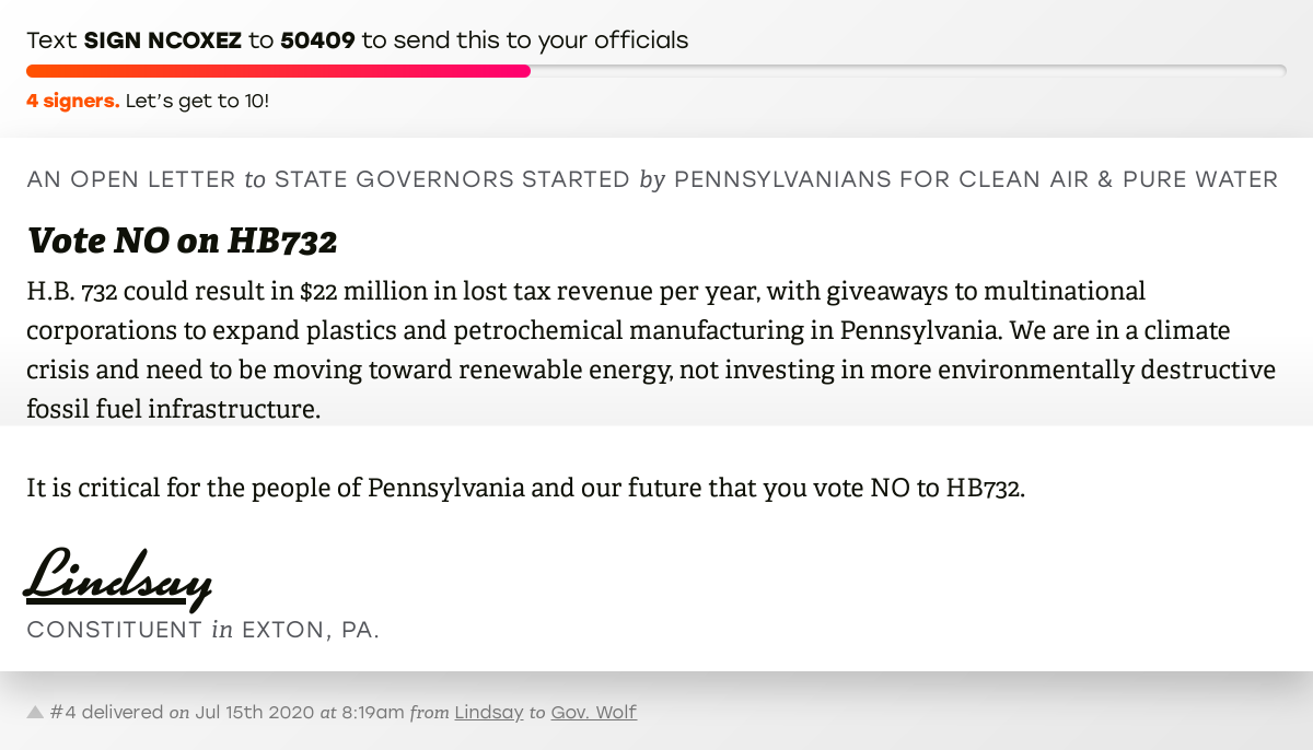 🖋 Sign “Vote NO on HB732” and I’ll deliver a copy to your officials: x.com/messages/compo…

📨 No. 4 is from Lindsay to @GovernorTomWolf  #PApol #VoteByMail