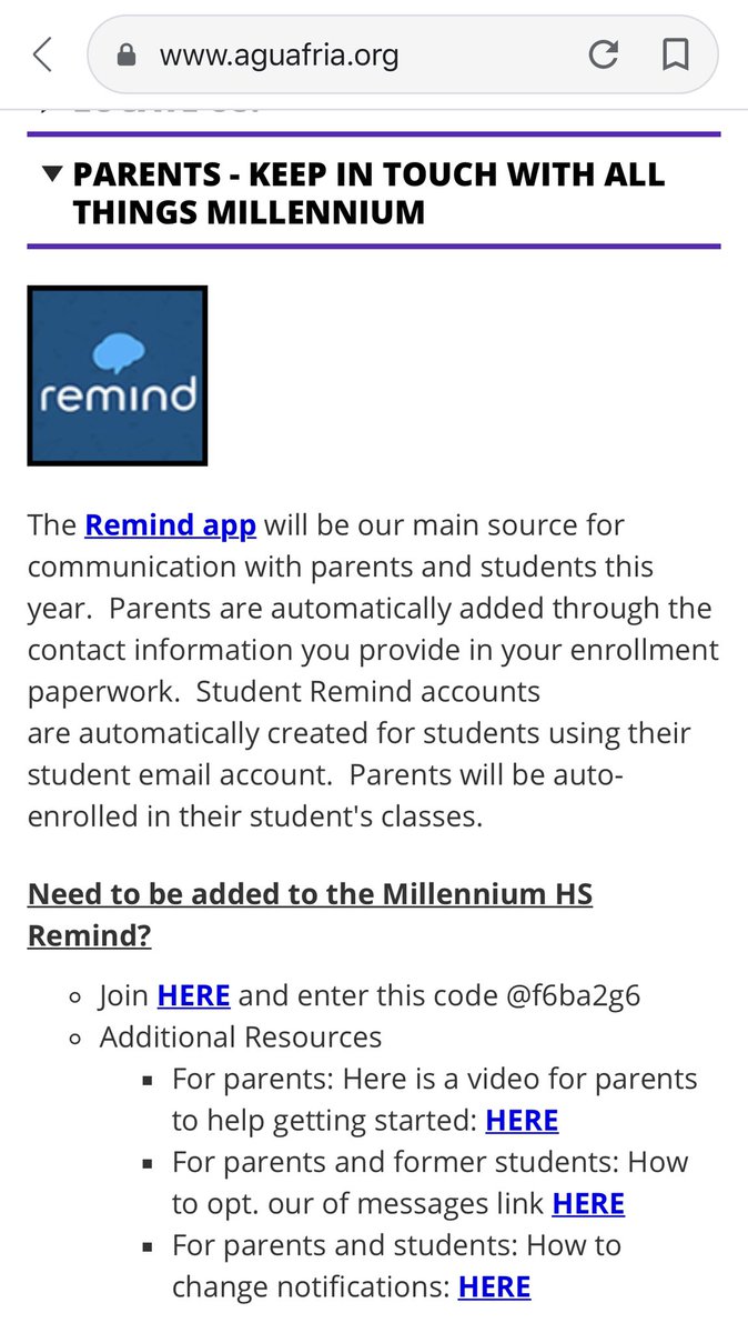 Parents - Please stay connected with us. We will be using Remind this year to keep you updated. Please visit the quick link on our website aguafria.org/MHS See the screenshot below. #TigerPride #StayConnected #MHSTigers #FeartheRoar #ThisIsMillennium