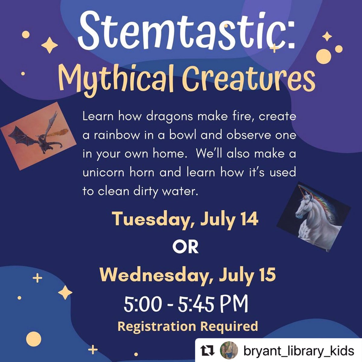 bryantlibrary's tweet photo. Join us today, Wednesday, July 15 at 5:00PM, for Stemtastic: Mythical Creatures! 🐉🌈🦄 Grades K-5. Visit our website at https://t.co/7fUcnh3Sw4 to register.
#bryantlibrary #bryantkids #virtualprogram #stemtastic #mythical #creatures #fun #summer2020 #zoomprogram #stem https://t.co/np5Td1weg0