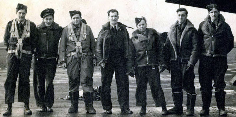 They were attacled from below by a nightfighter armed with Schlager musik which struck around the bom bay setting the aircraft on fire. The crew were ordered to bail out but six were killed in the incident including Thornhill (pictured here far left).