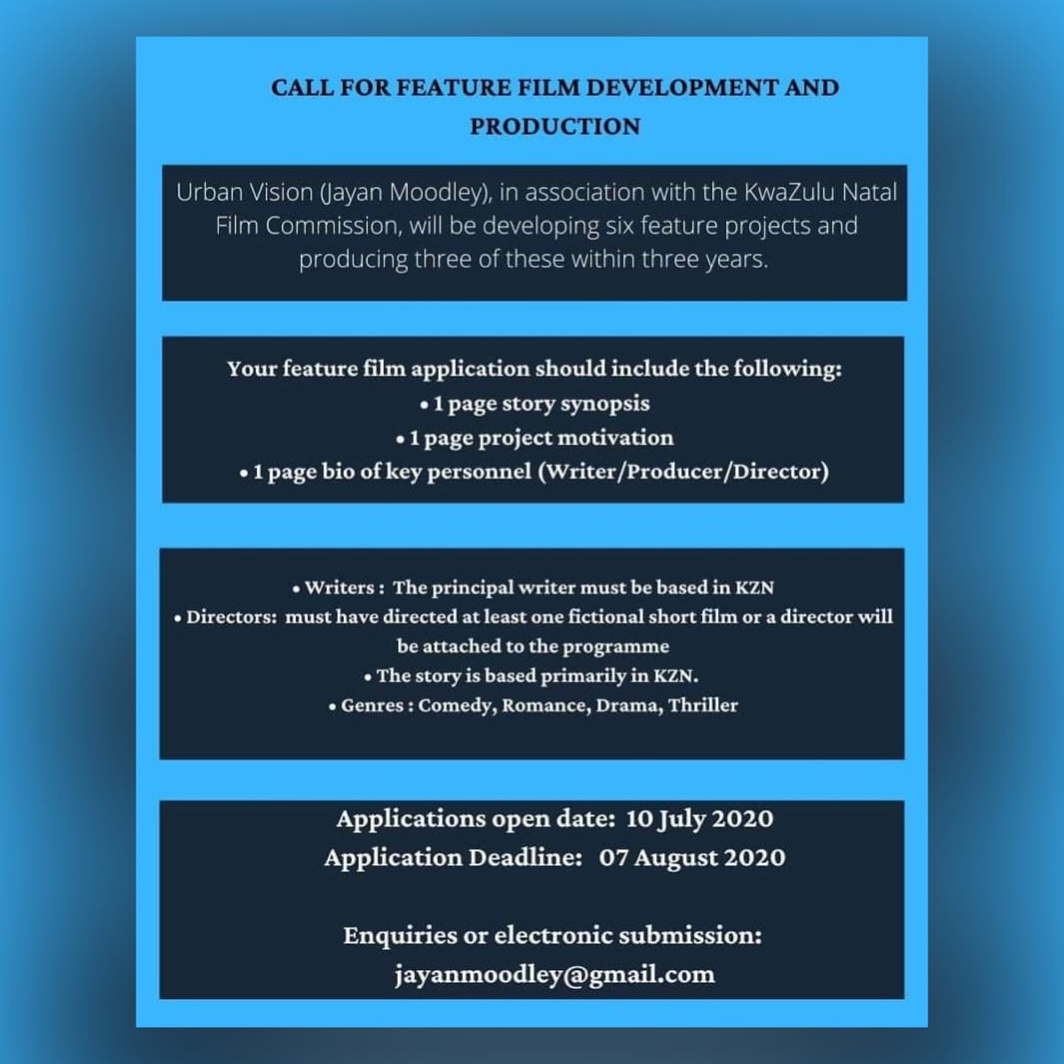 DIFFest's tweet photo. Here's an opportunity for a feature film funding

#DurbanFilm #film https://t.co/U49tm93RN4