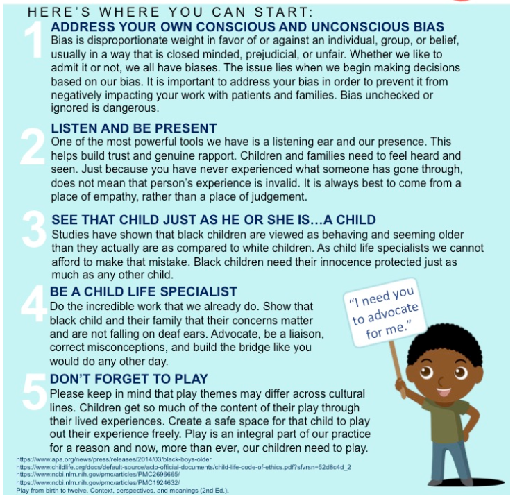 NyJah Walters, MS, CCLS, put together this much needed resource - A Guide for #ChildLife Specialists: How to Help Black Children Feel Safe in Times of Racial Divide and Mistrust. Sincere thanks to you, NyJah! Now, let's get to work... #CCLS #pediatrics