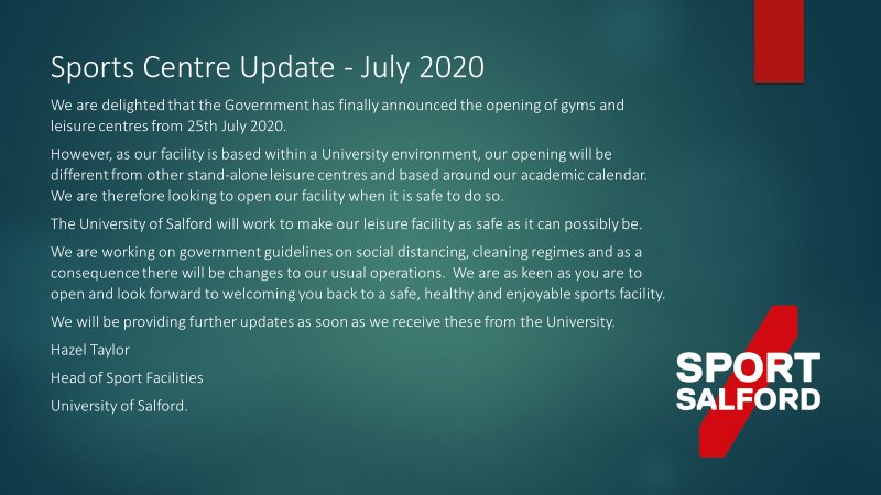 Sports Centre Update: Regarding the latest Government announcements on the reopening of Leisure Centres from our Head of Sports Facilities