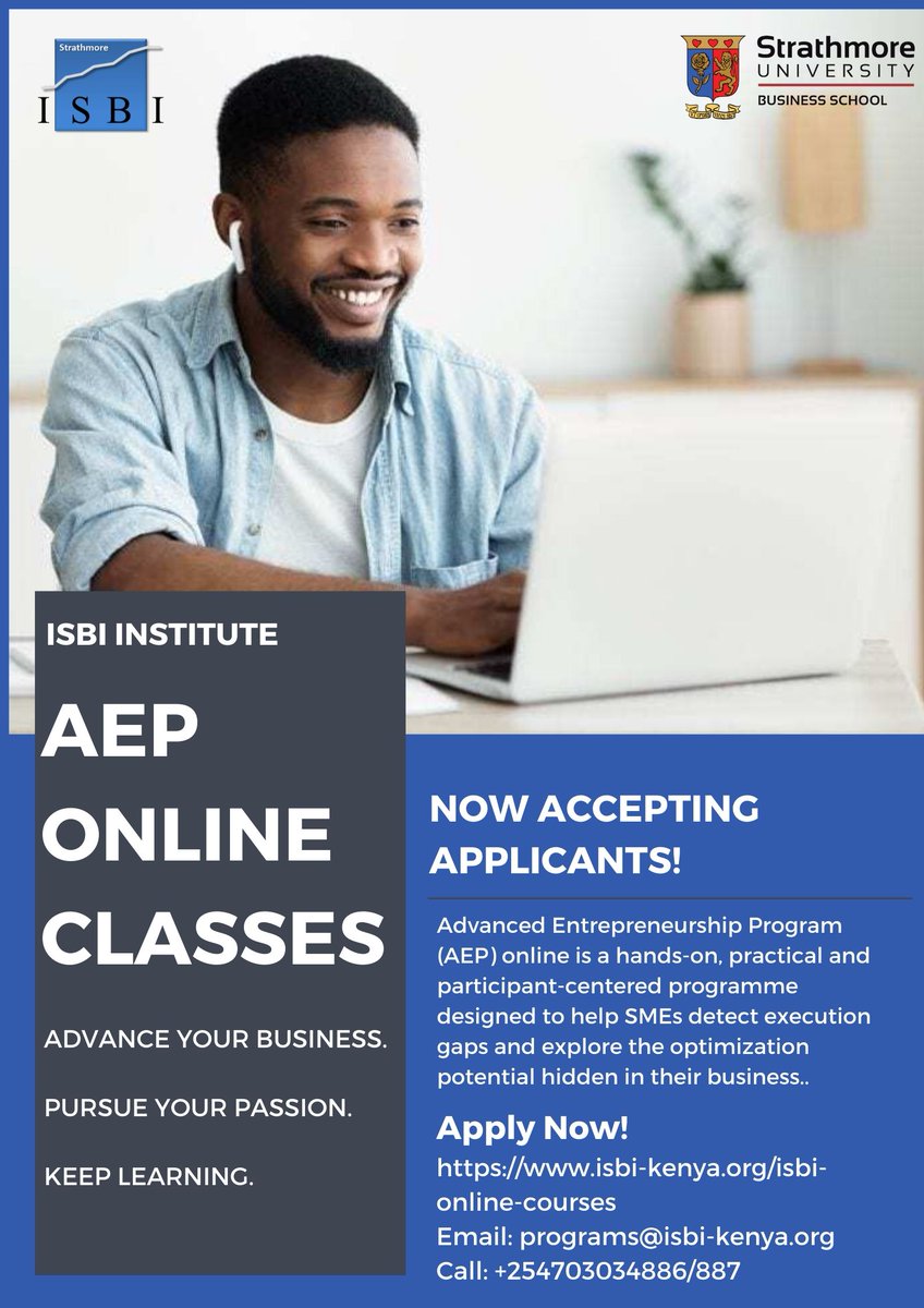 ISBIKenya's tweet photo. Are you interested in the ISBI 12-week online program? We offer flexible online classes for entrepreneurs without breaking your bank.Learn how you can move your business from #GoodtoGreat with AEP online: https://t.co/gCQKts8Ugo
#COVIDisRealKe #Itsaboutimpact #StrathmorePromise https://t.co/M7WHWzEzIy