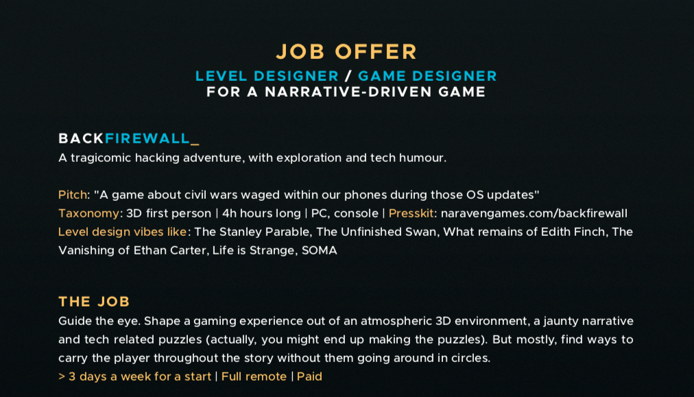 old_naraven's tweet photo. -- JOB OFFER --
You're a LEVEL DESIGNER in love with narrative-driven games and tech jokes? 
Hit me up at julia@naravengames.com or juliajnt#2479, and let's discuss how you could join our sparkling team!

RT to all your level designer friends appreciated! https://t.co/ez222X8UcW