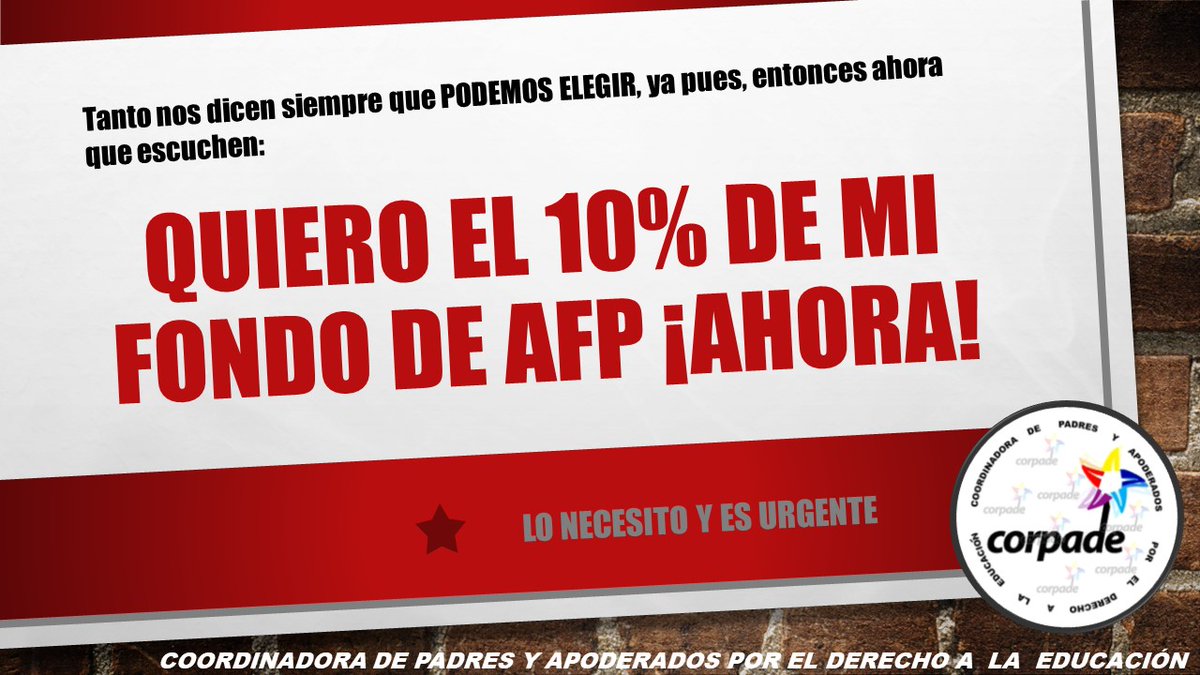 SOMOSCORPADE's tweet photo. Vamos por nuestro #10xCiento! AHORA!
Cambiemos el sistema de previsión social por uno de reparto y terminemos con las #AFP.
A conquistar nuestros derechos #Educación #Salud #Vivienda #PrevisiónSocial #Justicia y +++
#Apruebo #NuevaConstitucion https://t.co/n9B3k5bDQD