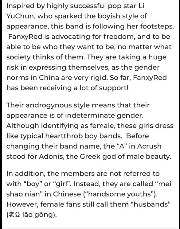 FANXYRED (formerly Acrush) an androgynous cpop and kpop girl group which take on typically masculine genres and style. they’ve written a song called ‘Her’ about a wlw relationship. they challenge stereotypes unapologeticly