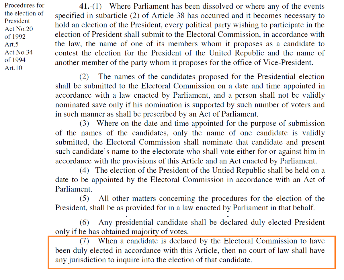 2. Case was filed by  @Advocate_Jebra, a Tanzanian lawyer who argued Art. 41(7) of the  #Tanzania Constitution violates his rights under the African Charter. The Article prohibits courts from inquiring into the validity of a presidential election.