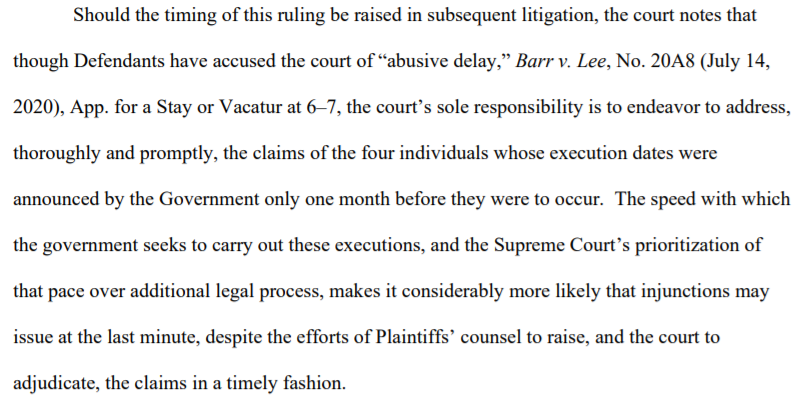 In granting Purkey preliminary relief on the competency claim, Judge Chutkan in DC (whose rulings keep getting overturned) calls out DOJ's speed & SCOTUS' "prioritization of that pace over additional legal process."