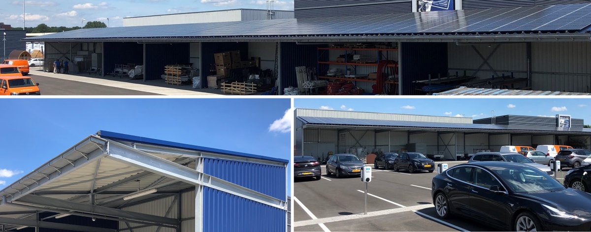 Samen met @vandamgroep is nieuwe overkapping met 328 PV-panelen gerealiseerd die 100.000 kWh netto elektriciteit levert! Een deel van de opgewekte stroom gaat rechtstreeks naar de laadpalen. Constructieve fraaie oplossing voor materiaal opslag gecombineerd met duurzame opwekking!