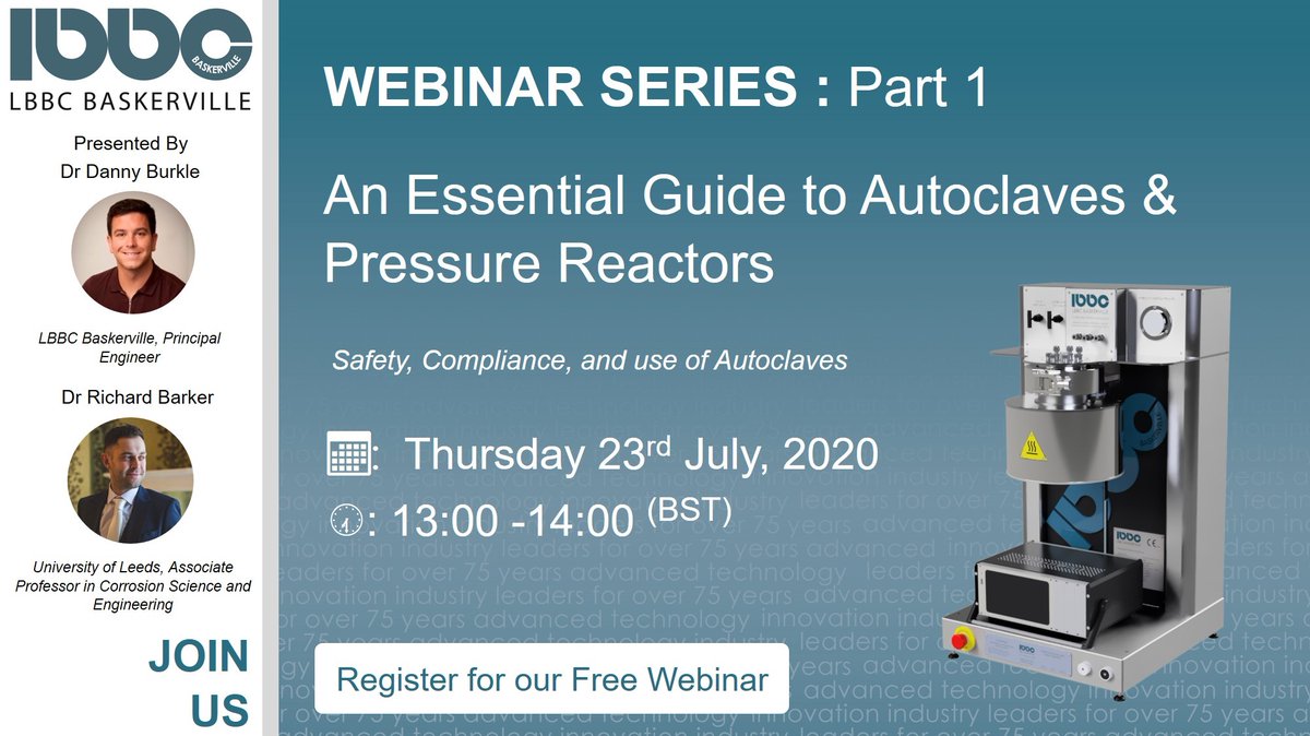corrosionLBBC's tweet photo. Join us for An Essential Guide to #autoclaves &amp; Pressure Reactors, the first in the LBBC Baskerville webinar series. Danny Burkle, Principal Engineer at LBBC Baskerville will discuss all things autoclaves in a laboratory environment.
More details here - https://t.co/Q2eLlkNRmj https://t.co/lWptX6SvKU