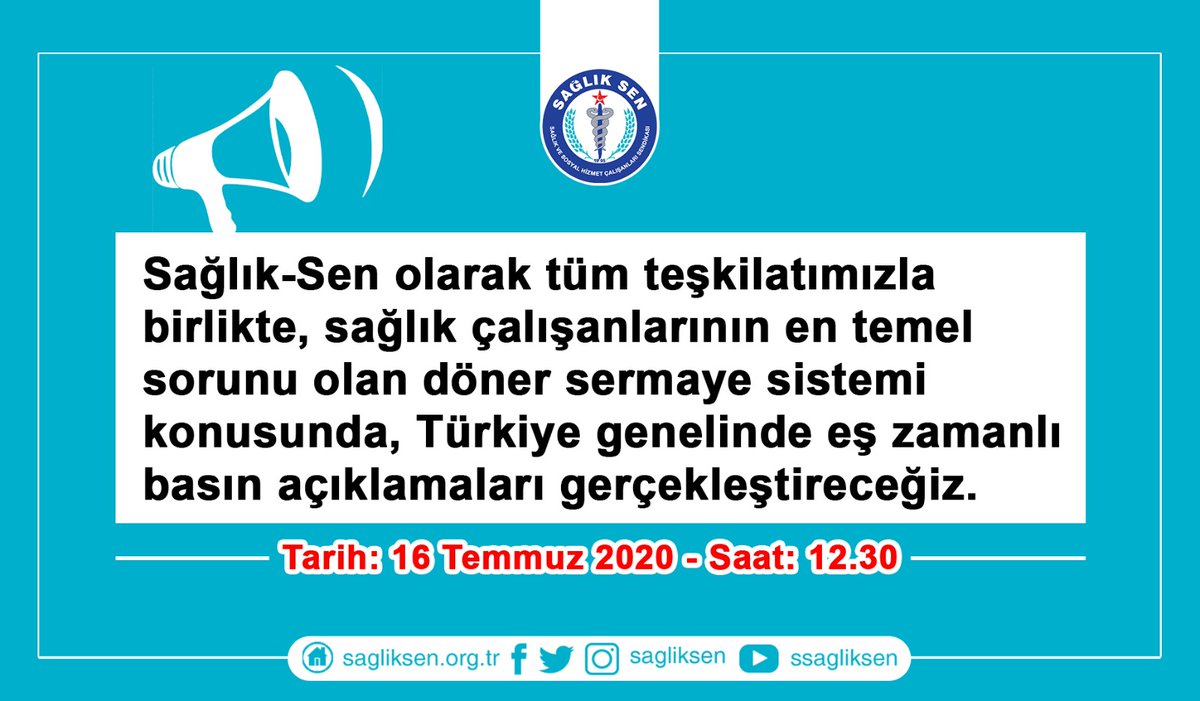 sagliksen's tweet photo. Sağlık-Sen olarak tüm teşkilatımızla birlikte, sağlık çalışanlarının en temel sorunu olan döner sermaye sistemi konusunda, Türkiye genelinde eş zamanlı basın açıklamaları gerçekleştireceğiz. 

📆 Tarih: 16 Temmuz 2020
🕧 Saat: 12.30 https://t.co/RHj4LEy5Xv