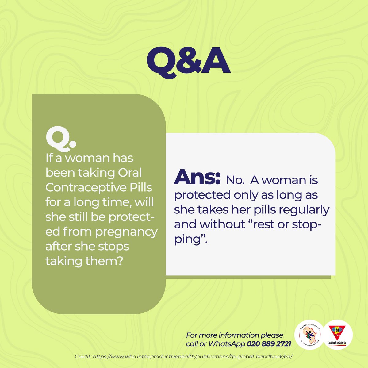 PPAGGhana's tweet image. A woman or girl won’t be protected from pregnancy if she stops taking COCs. She is protected as long as she takes her pills regularly and without ‘rest’ or stopping. 

#KnowYourFPMethods #SexualHealth4QualityLife