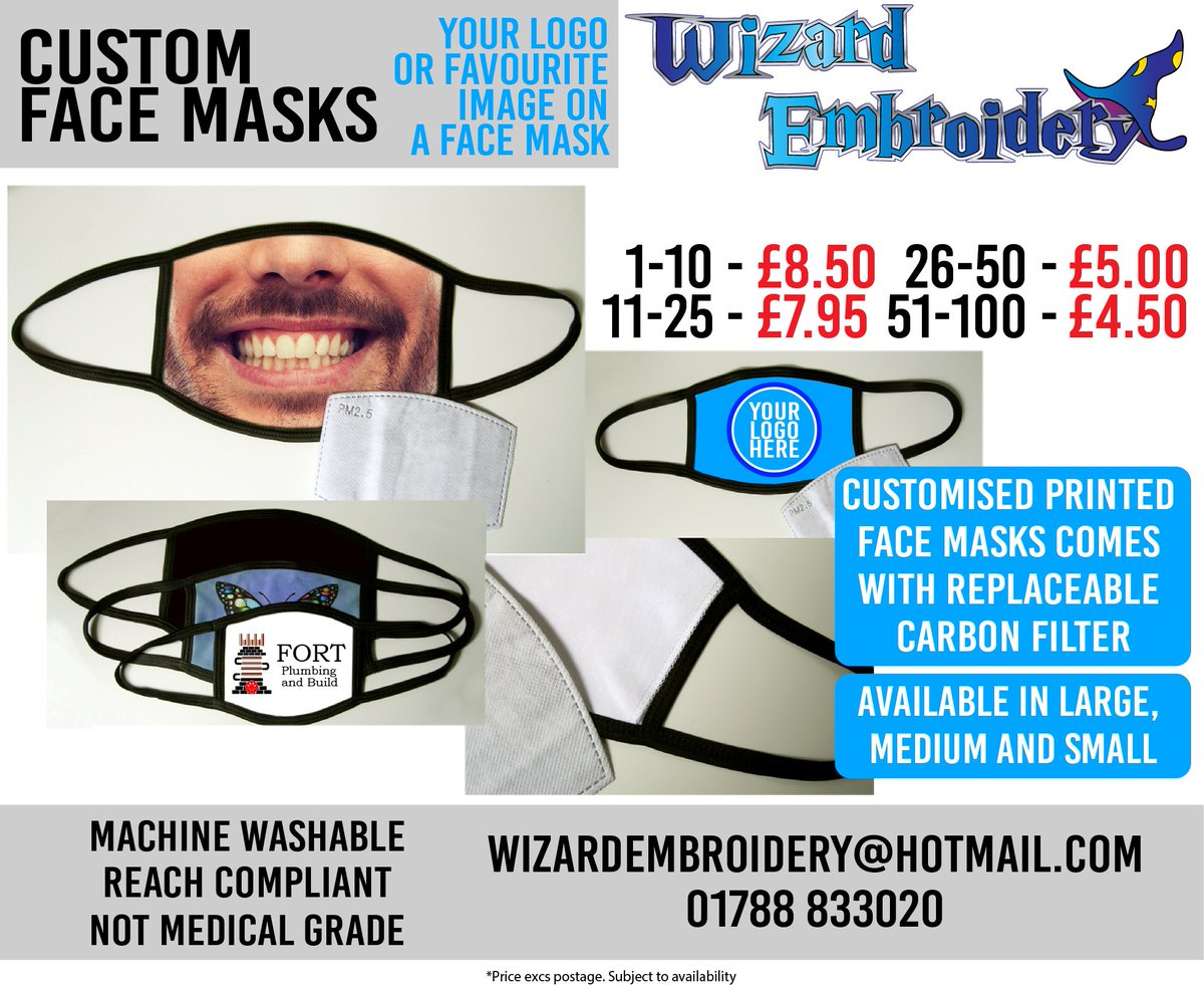 WizardEmb's tweet photo. #Staysafe & #standout with our #custom #facemasks π·
Each mask comes with a #replaceable carbon filter
Machine washable
For larger quantities get in touch for a quote, prices exc postage
π§ wizardembroidery@hotmail.com
π 01788 833020
#covid19 #customfacewear #reusable #smcov https://t.co/hNFQkMl6Y7