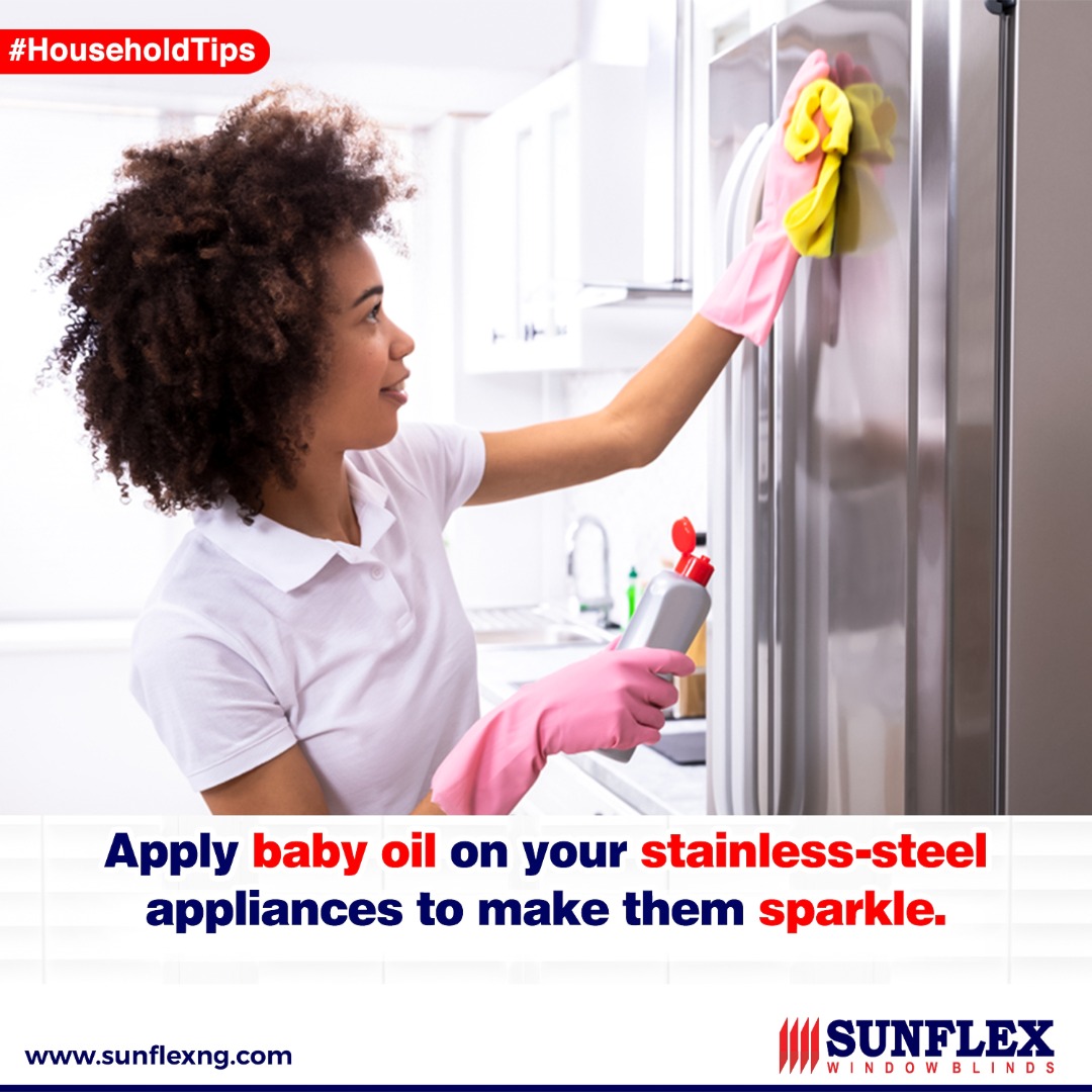 SunflexBlindsNG's tweet photo. If your stainless-steel appliances are grubby with finger marks, pop a small amount of baby oil on to a clean, microfibre cloth and give them a wipe to sparkle.

#clean #cleaningtips #cleanhouse #cleaninghacks #homecleaning #cleanhome 
#windowblinds #homedecor #windowtreatments https://t.co/7fhGC1qXhy