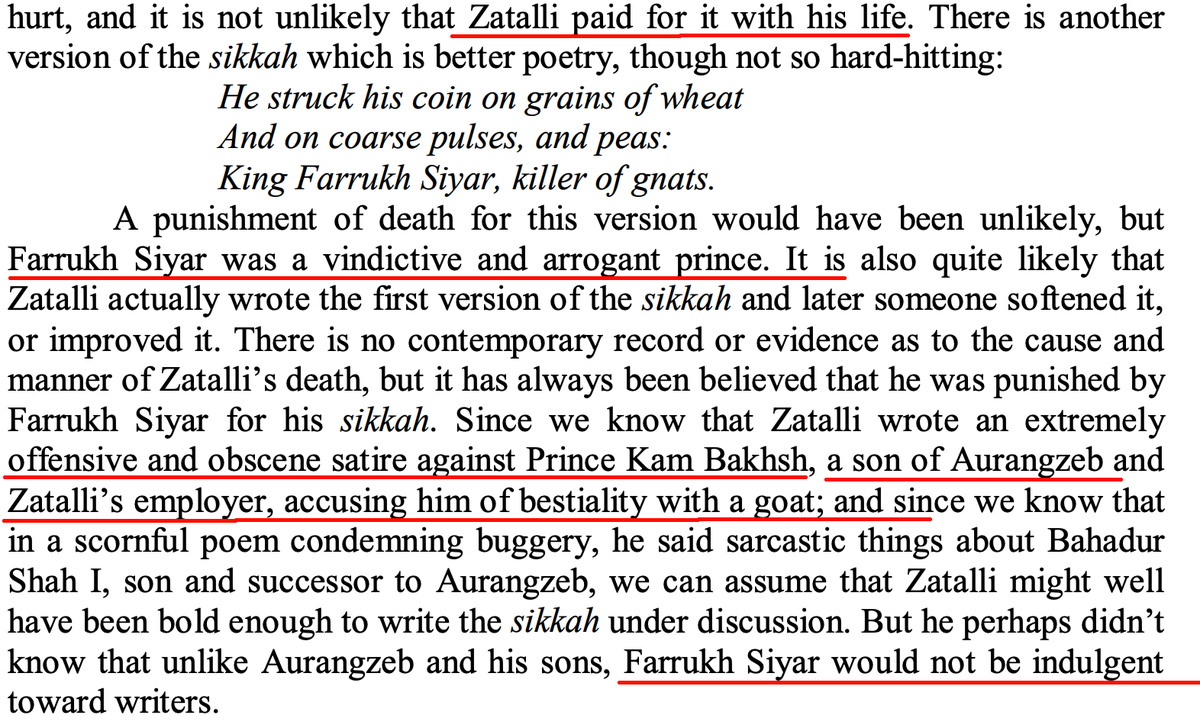 Mir Ja'far had also accused the son of Aurangzeb of bestiality with a goat, in his poetry. Again showing the debauchery of the muslim elite. He got away with that but was likely executed by Farrukh-Siyar because he mocked him in his sikkah. (adulatory verse of the new coinage)