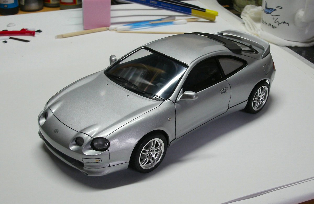 HirakawaDavid's tweet photo. A build of the Celica. The wheels were taken from a Nissan Skyline as they were very close to the Hokuto Racing wheels I had on. I just needed the number plates at this point. #HirakawaStudios #Toyota #Celica #SSIII #Tamiya #Scalemodel https://t.co/5wMo9lGib9