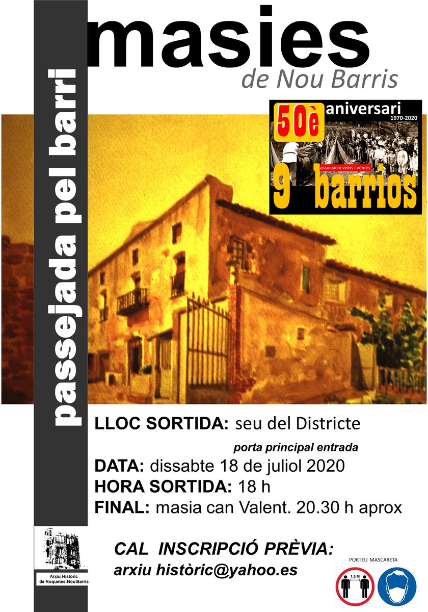 L'<a href="/ArxiuHistoric9B/">Arxiu Històric 9B</a> us convida dissabte a una passejada per les "Masies de #NouBarris", amb sortida a les 18 h des de la porta de la Seu del Districte, i arribada a les 20.30 h a la masia de Can Valent.

No us la perdeu! Cal inscripció prèvia a arxiuhistoric@yahoo.es.