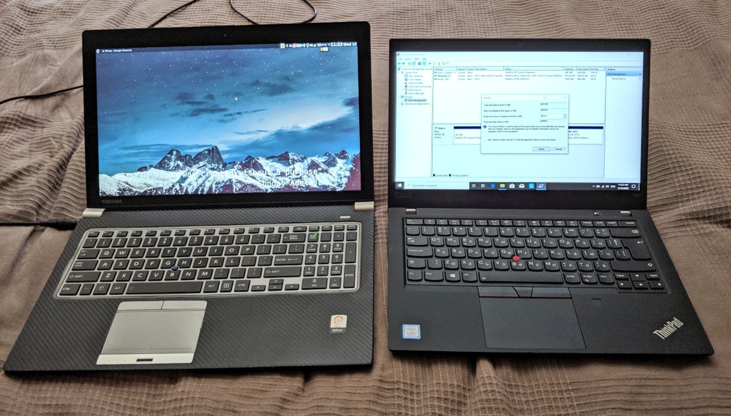 bobi1024's tweet photo. Configuring my new work laptop.
The old Tecra Z50 (left) has done its job for over 5 years before starting slowly to die. It is time for T490 to take the lead.
The 1st thing to do on the new #T490 is, make room for #Linux ofc 😁 https://t.co/9nONkpKFZ8