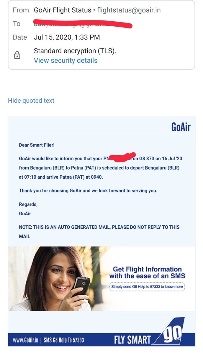 princealok's tweet photo. @goairlinesindia What sort of professional behaviour is this? Recieved flight cancellation mail at 12:06 pm &amp; still scheduled at 1:33 pm. Its cancelled or still there? What's the point in calling customer care and waiting 20 mins in queue just to get disconnected. 
@HardeepSPuri https://t.co/SoVrNozTIT