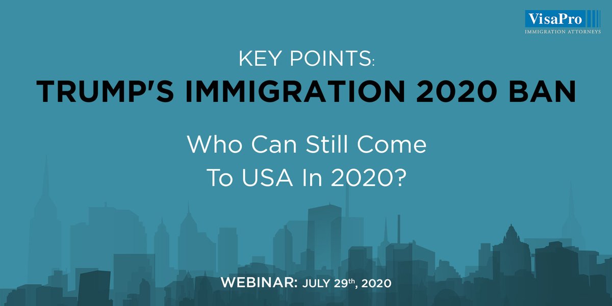 Trump pauses nonimmigrant visa holders from entering the United States.  What visas are still allowed access to enter the US?
 
Get more information at our Free Webinar bit.ly/3e87X0k 

#proclamation #familybased #immigratetousa #liveinamerica #usaimmigrantvisa #eb1