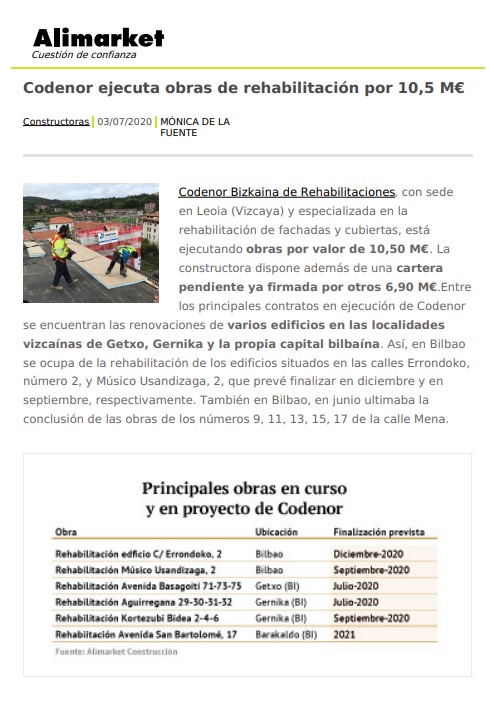 codenor's tweet photo. 📄 | #Codenor está ejecutando #obras de #rehabilitación de #fachadas y #cubiertas por valor de 10,50 M€, mientras cuenta con nuevos contratos firmados por otros 7 M€.
➡ Vía @Alimarket_Const: https://t.co/rmX22XRWkE https://t.co/uVlICbzBtM