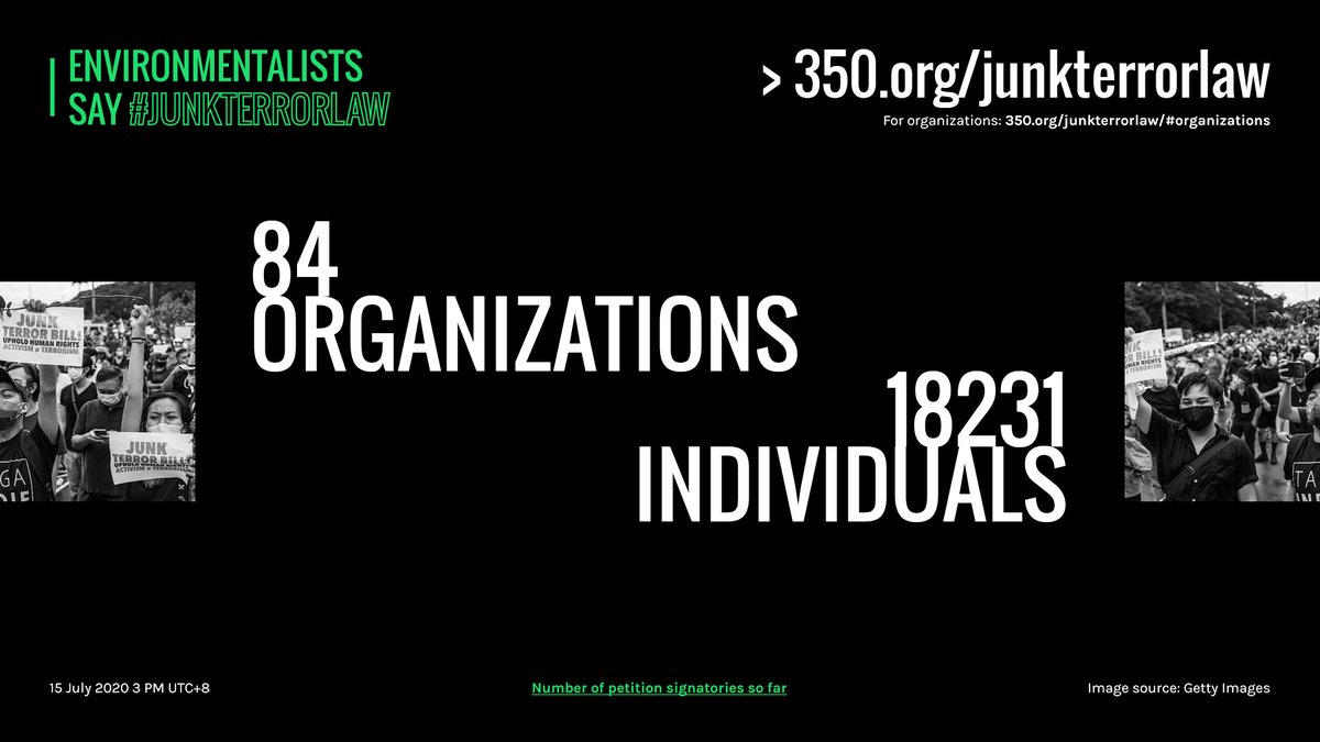 CEC_Phils's tweet photo. As of July 15, 3 PM, 84 orgs and 18,231 individuals have signed the petition to #JunkTerrorLaw!

In the Philippines and all around the world, environment and climate activists are banding together to help defend our part of the Earth.

Sign the petition — https://t.co/x5xDfXG1IE https://t.co/OY3NoQIipi