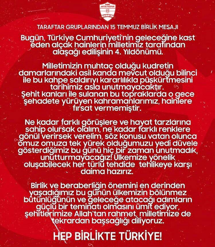 TARAFTAR GRUPLARININ 15 TEMMUZ BİRLİK MESAJI !
#bizantalyasporuz #MaratonÜst