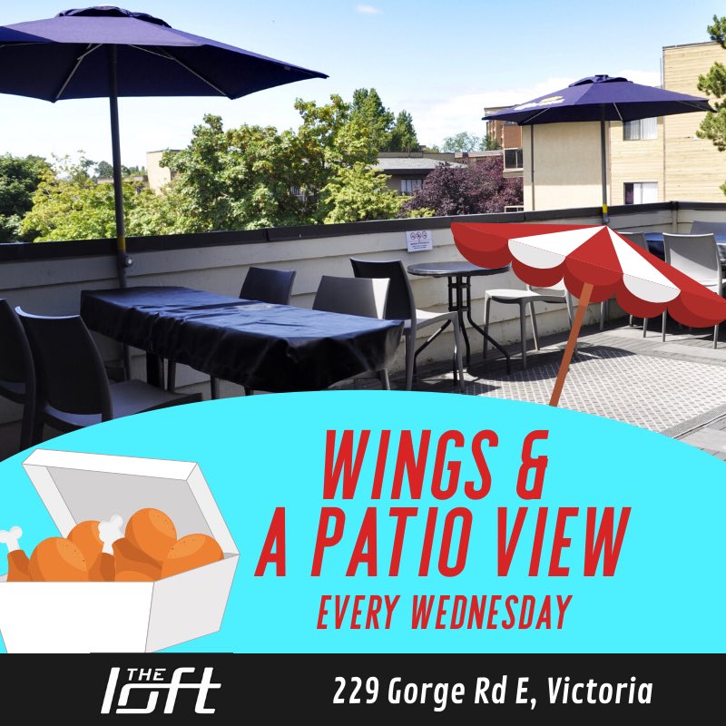 Enjoy the nice weather on the patio and some delicious wings at The Loft every Wednesday from 4-10pm.

Flavours: Teriyaki, Arizona Dry, Bold BBQ, Honey Mustard, Hot Death, Dry Garlic, Salt &amp; Pepper, Hot, Honey Garlic, Sweet Thai Chili, Hot Blue, Lemon Pepper