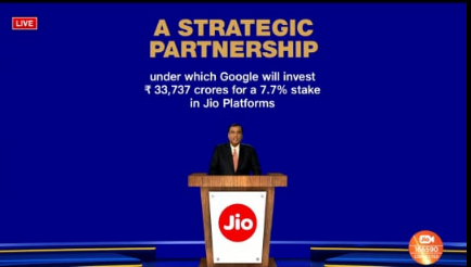 (7/n) This is huge news! Google to invest 33737cr for a 7.7% stake in Jio Platforms!  #RelianceAGM  #RelianceJio