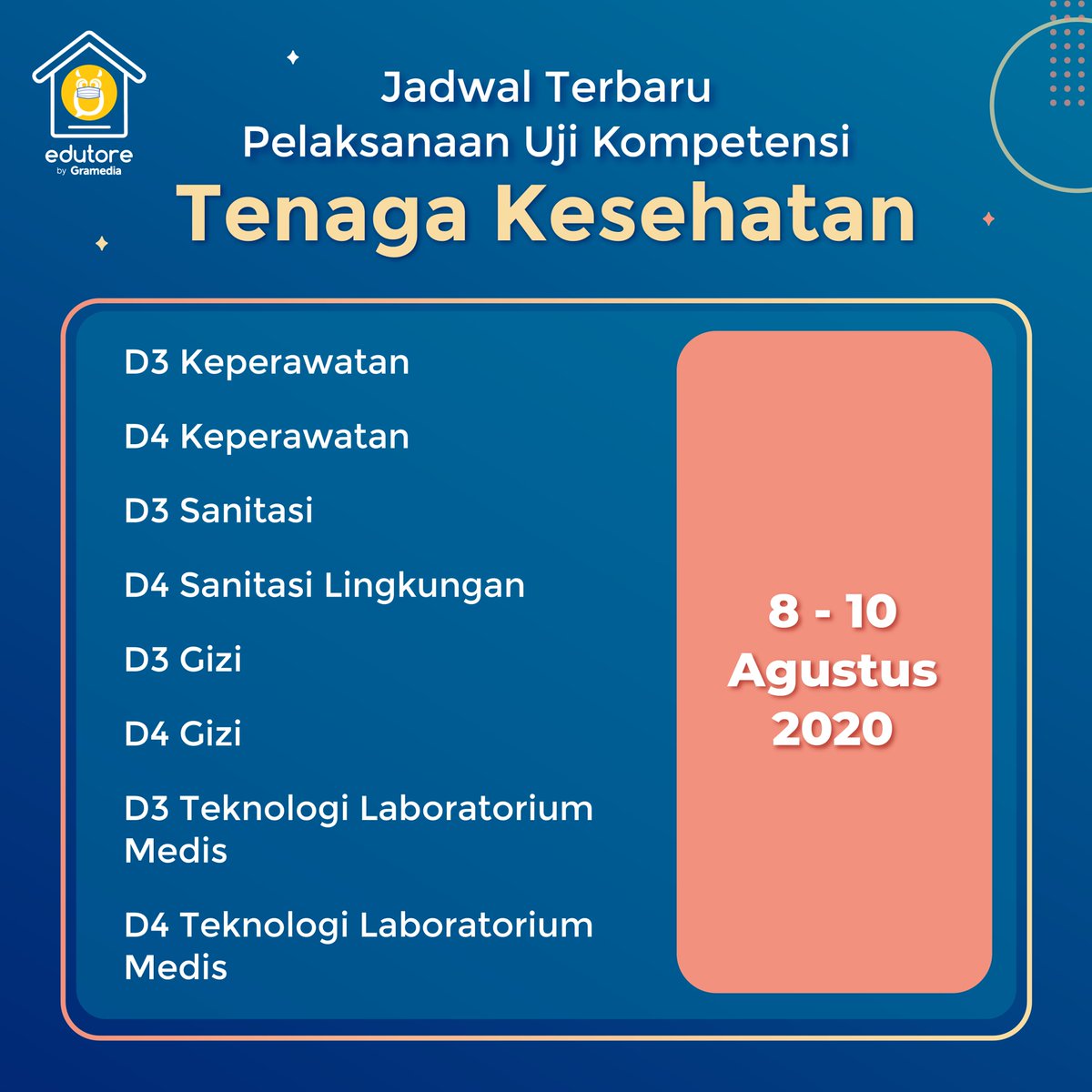 edutorecom's tweet photo. Sore Edufriends! Berikut Info untuk Edufriends yang mendaftar sebagai calon tenaga kesehatan ⚠️
.
.
Pelaksanaan uji kompetensi calon tenaga kesehatan diundur dengan jadwal berikut!👇

#Edutore #SemuaBisaPintar 
#UjiKompetensiTenagaKesehatan https://t.co/HaZnnL6QQw