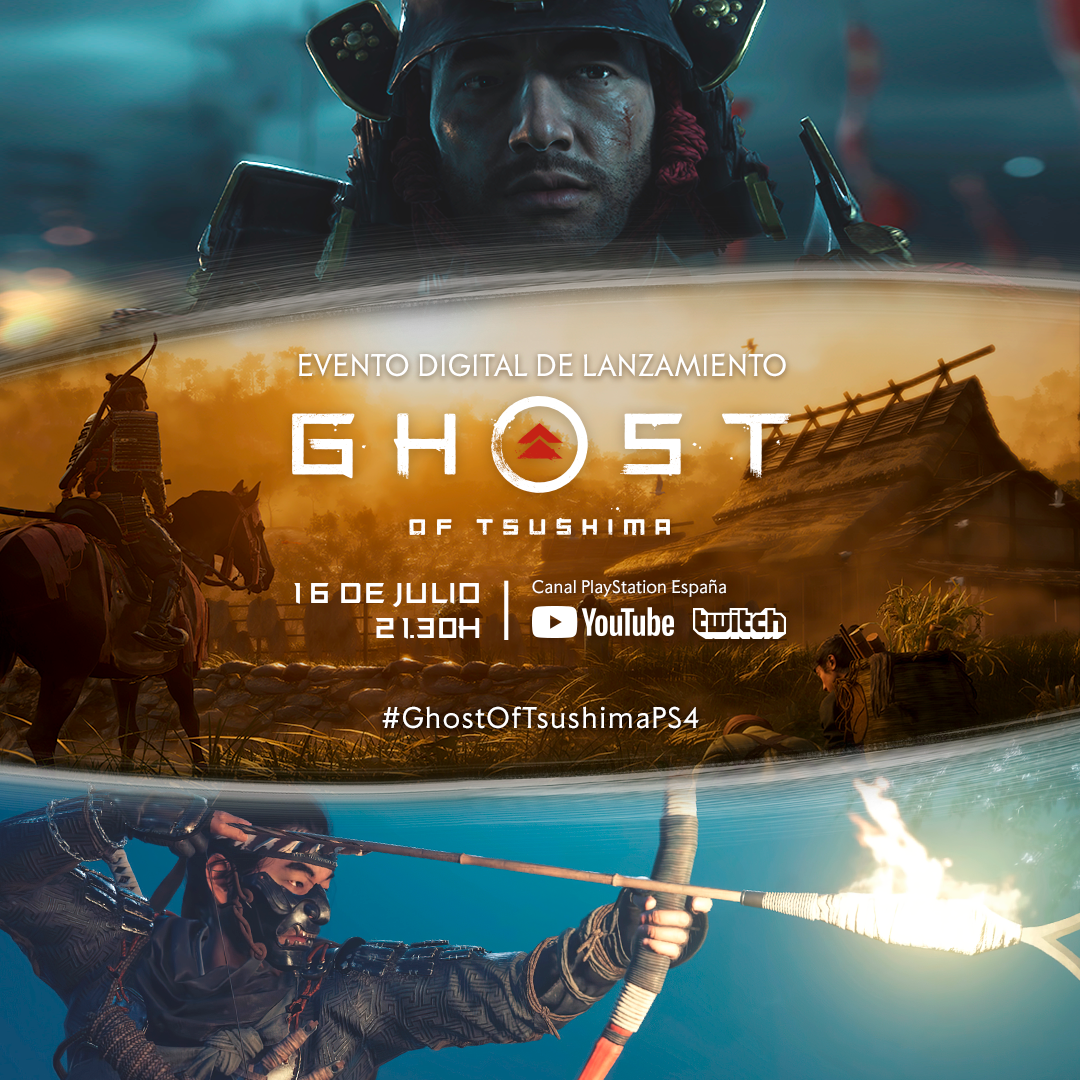 PlayStationES's tweet photo. Sabemos que no es fácil soportar el hype por #GhostOfTsushima, así que recuerda que el día 16/07 a las 21:30H a través nuestros canales de Twitch y Youtube, podrás disfrutar del EVENTO DIGITAL #GhostOfTsushimaPS4. ¿Te lo vas a perder? 😉 🎮 https://t.co/6BQMVtn8AK https://t.co/6HTbm0FabM