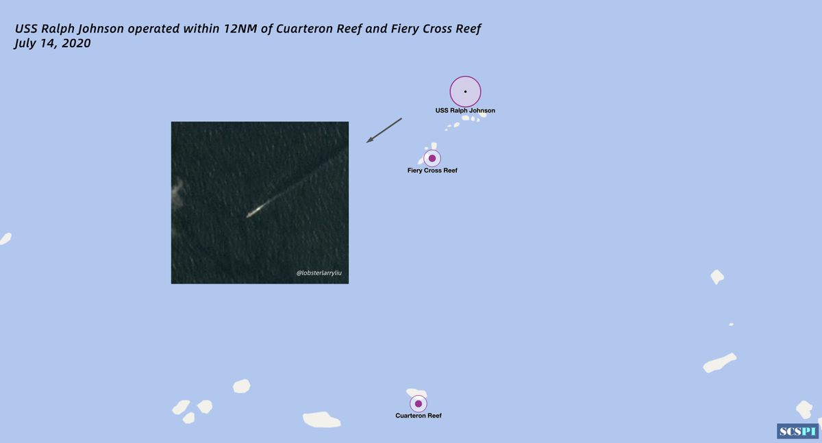 SCS_PI's tweet photo. USS Ralph Johnson operated within 12NM of Cuarteron Reef and Fiery Cross Reef on July 14, the sixth time of such operations in 2020, and the FIRST one near Cuarteron Reef since 2016.
Satellite image credit: @lobsterlarryliu via @planetlabs https://t.co/DRszmUcu1n