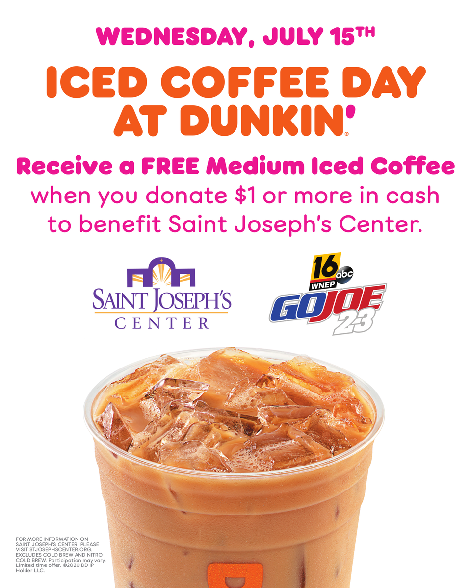 WNEP's tweet photo. IT'S FREE ICED COFFEE DAY! Join us Wednesday, July 15 at your local Dunkin' & receive a FREE medium Iced Coffee when you donate $1 or more in cash to support #GoJoe23 & Saint Joseph's Center.
MORE GO JOE 23 INFO > https://t.co/DK1By3n2n2 https://t.co/oyfo2soA8S
