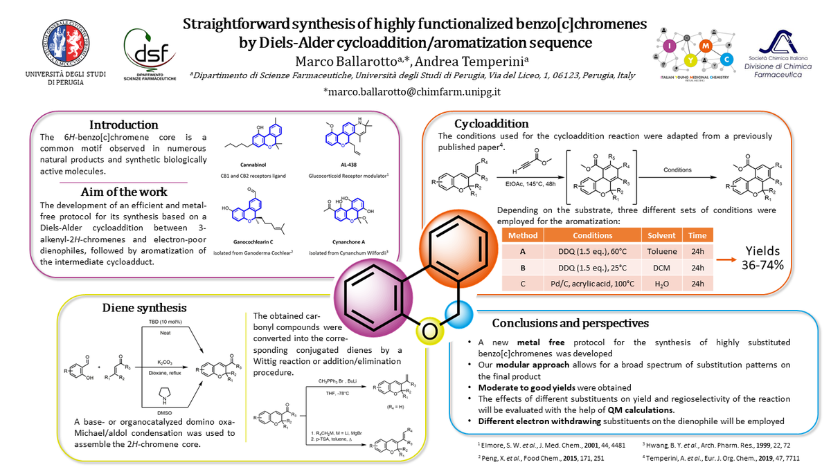 MarcoBallarotto's tweet photo. Hi everyone! I'm Marco Ballarotto, a 1st year PhD student at the University of Perugia. My doctoral project is about assembling aromatic compounds using cycloaddition reactions. In this poster (P49), we focused on the synthesis of benzo[c]chromenes. #IYMCVMEET #synthesis #method https://t.co/kQXTS29Xsj