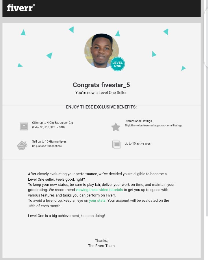 So excited rn... 💃💃💃

Now a Level One seller on #FIVERR as a Data Analyst.

Thanks Friends for all the RTs and Recommendations.

Thanks boss for all your support thus far <a href="/b_bolusam/">TechDaddy Isonu, Elehoro side hustle</a> 

fiverr.com/s2/5ae785300e?…