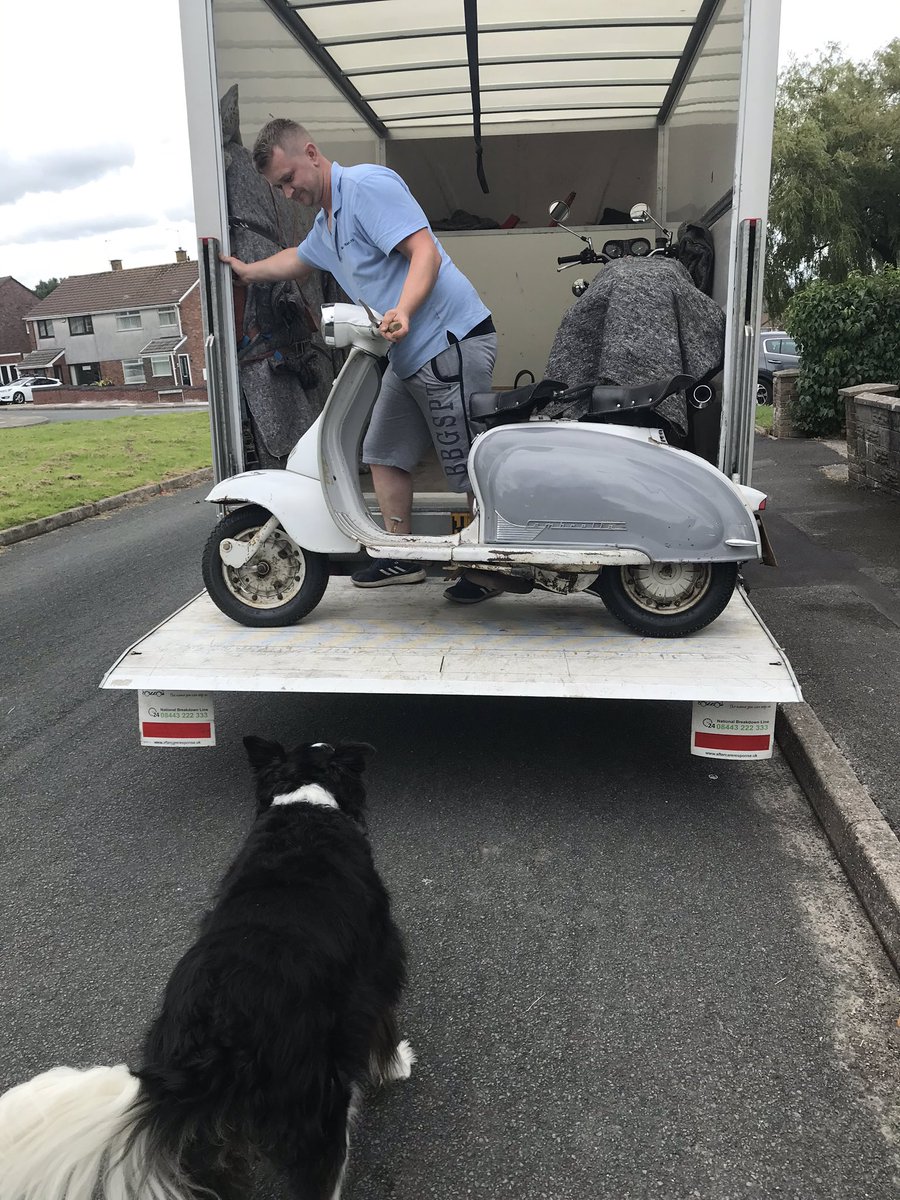 Ruby_thedog's tweet image. Today I oversaw the delivery of Dads new Lambretta! I didn’t help much but I was there! Cool scooter!